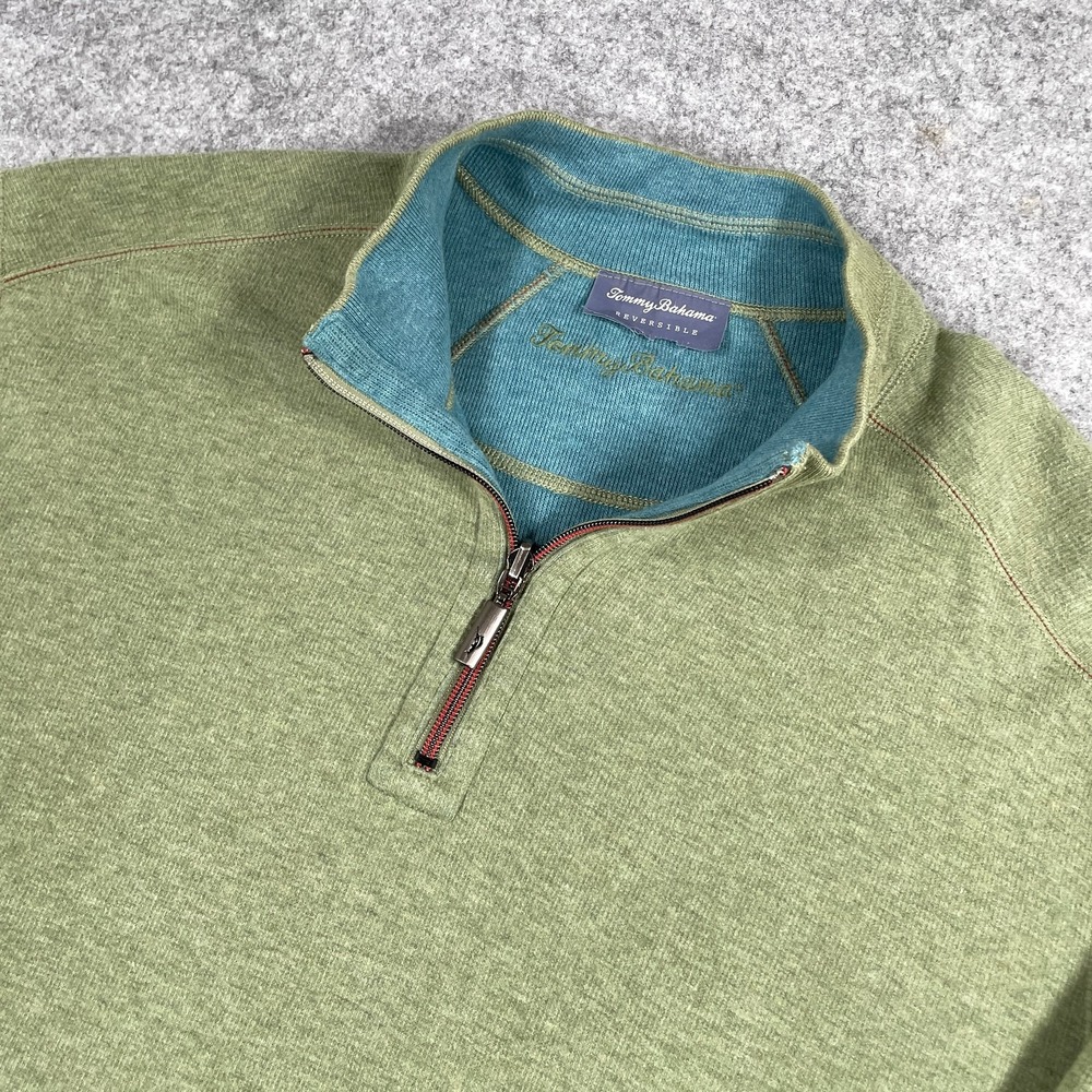 Tommy Bahama Mens 1/4 Zip Pullover XXL Green Teal Reversible Cotton Sweater